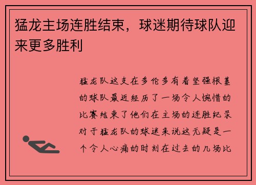 猛龙主场连胜结束，球迷期待球队迎来更多胜利