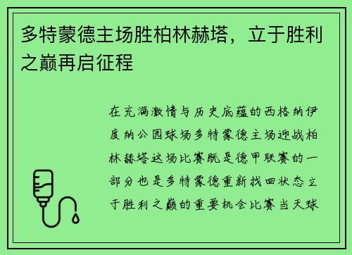 多特蒙德主场胜柏林赫塔，立于胜利之巅再启征程
